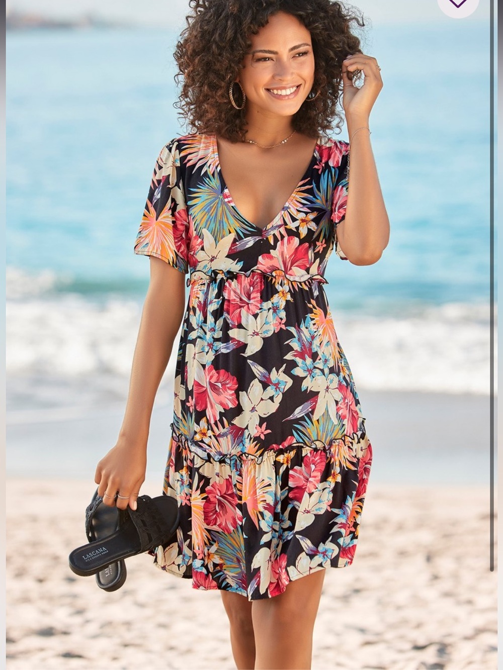 Venus V-Neck Short Sleeve Black Tropical Print Ruffle Open Tie Back Dress Small